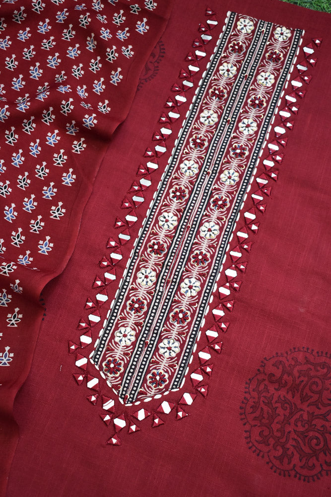 Beautiful Cotton Unstitched Suit with Neck patch, Intricate Hand Embroidery & Block print Muslin dupatta