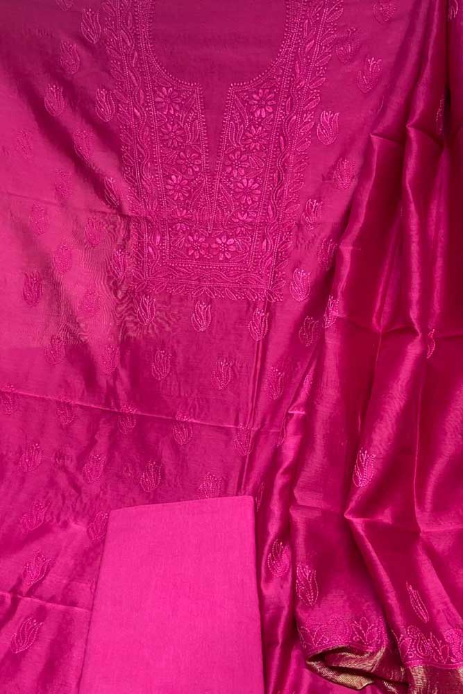 Elegant Chanderi silk Cotton Kurta & Dupatta with Chikankari Embroidery work & cotton bottom - 3 pc set