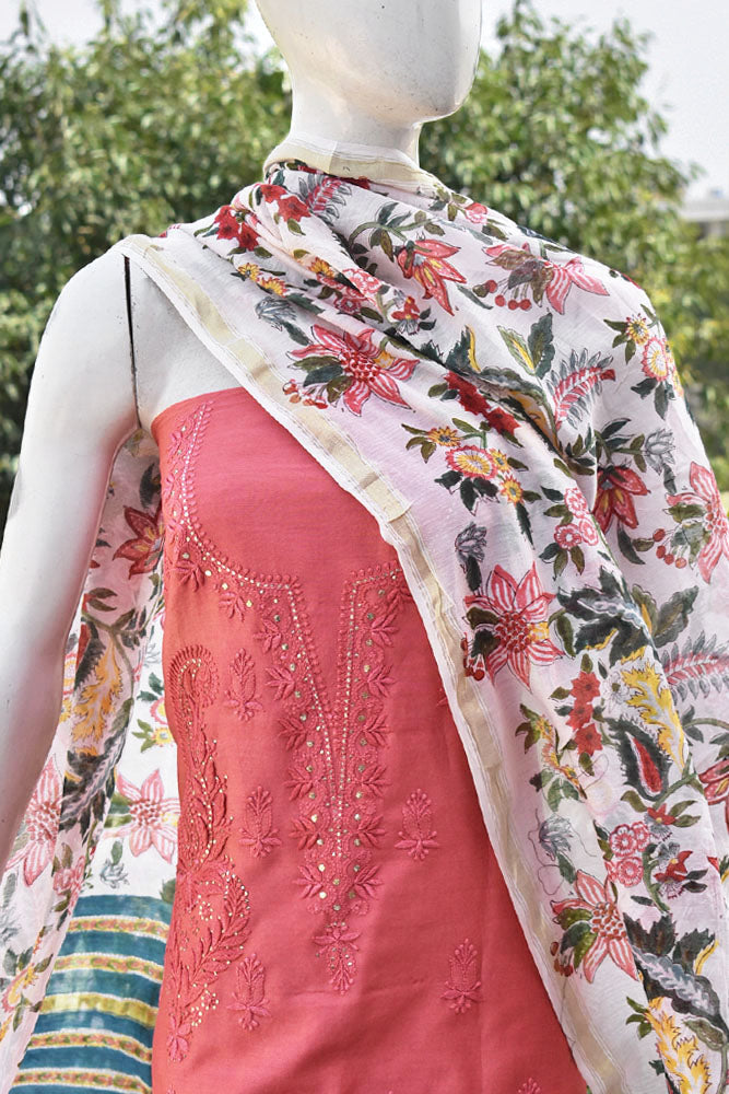 Beautiful Sanganer Block Print Chanderi dupatta with Chanderi Chikankari & Muqaish Work Kurta