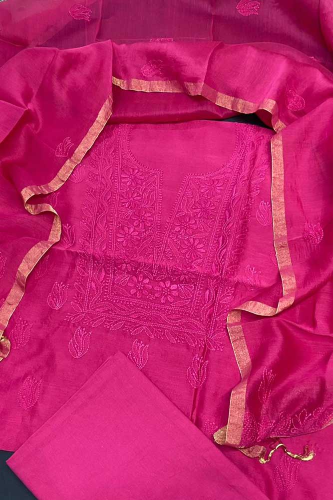 Elegant Chanderi silk Cotton Kurta & Dupatta with Chikankari Embroidery work & cotton bottom - 3 pc set