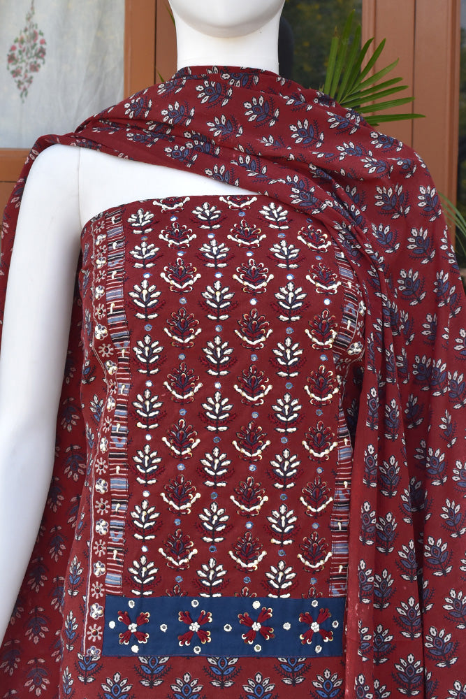 Premium Cotton Unstitched Suit with Ajrakh patch, Intricate Hand Embroidery & barmer Ajrakh dupatta