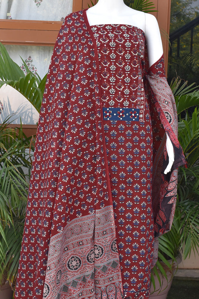 Premium Cotton Unstitched Suit with Ajrakh patch, Intricate Hand Embroidery & barmer Ajrakh dupatta