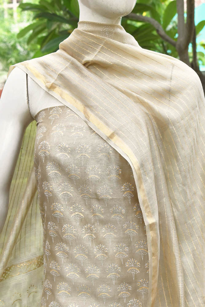 Elegant Khadi (gold) Hand Block Printed Chanderi unstitched suit fabric
