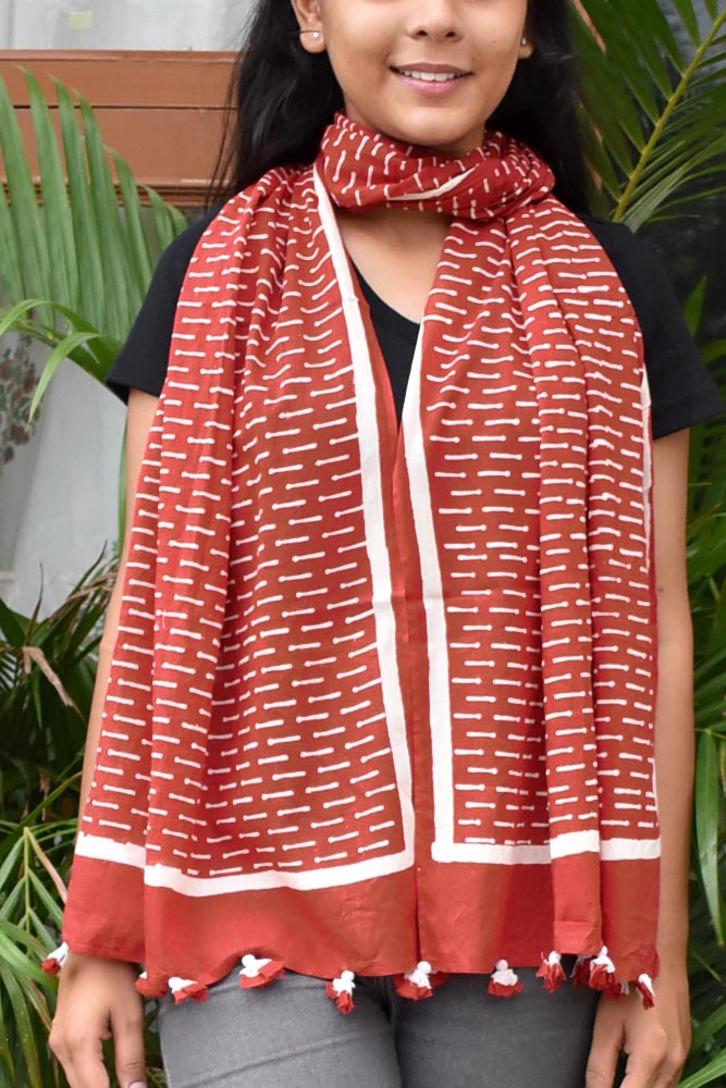 Elegant Hand block printed Cotton stole with cloth tassels