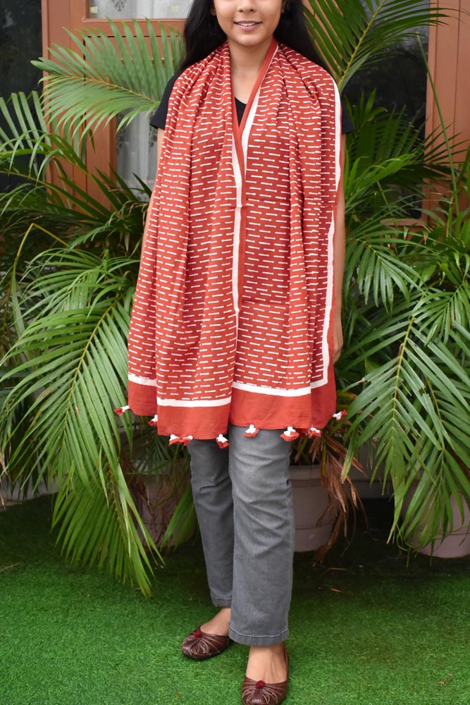 Elegant Hand block printed Cotton stole with cloth tassels