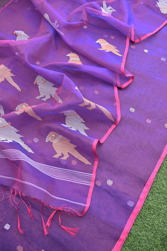 Kalakriti : Beautiful Hand Woven Muslin Jamdani Kurta Fabric & Dupatta set with bird motif