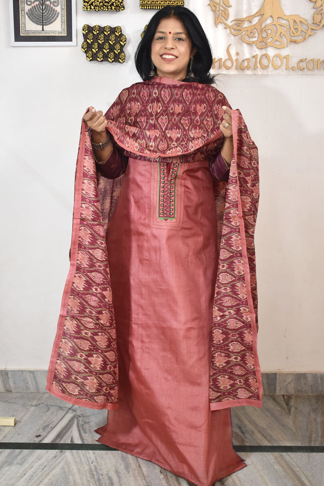 Semi Stitched Block Printed Tussar Silk Dupatta  & Tussar Kurta Fabric