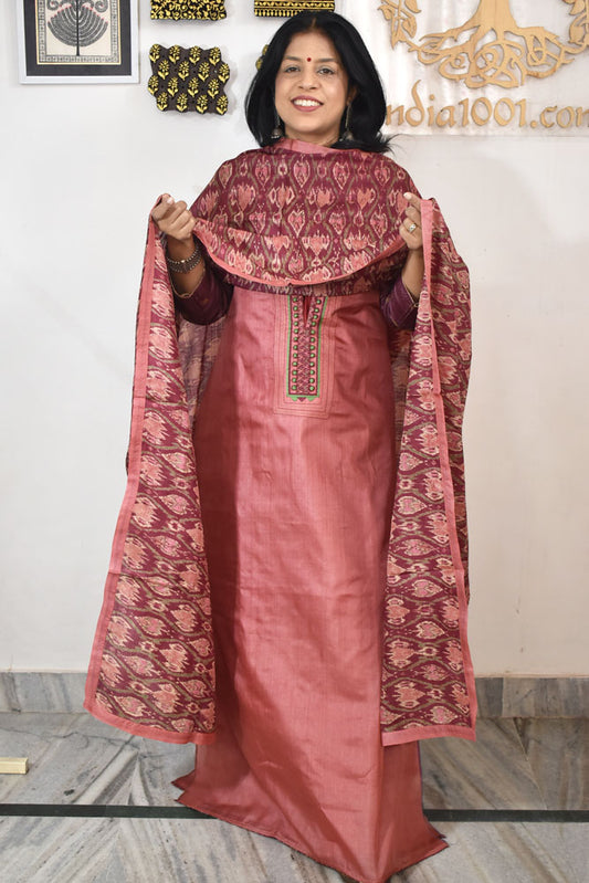 Semi Stitched Block Printed Tussar Silk Dupatta  & Tussar Kurta Fabric