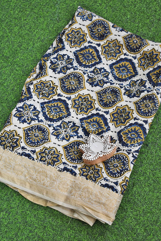 Beautiful Ajrakh Dola Silk Hand Block Print Fabric - 3 mtrs cut