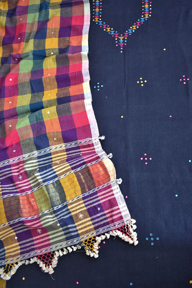 Premium Handwoven Kala Cotton Bhujodi suits with Mirror and Miri work - 3 pc set