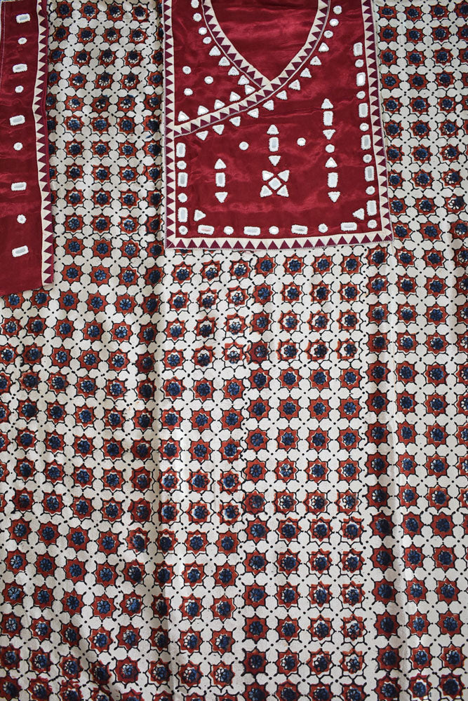 Designer Ajrakh Mashru Kurta Fabric with Kutch Mirror Work patch