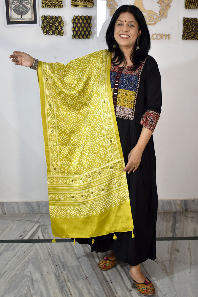 Beautiful Hand Block Printed Ajrakh Mashru Silk stole with Mirror Work