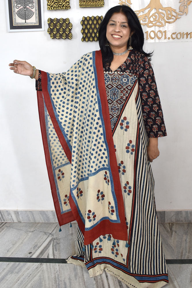 Designer Ajrakh Cotton kurta with Stole & Cotton Bottom - 3 piece set