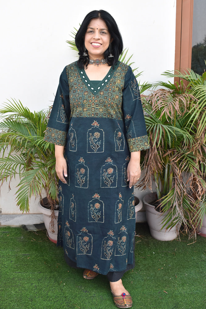 Beautiful Hand Block Printed Ajrakh Cotton kurta with Kutch Mirror work , Size 38 to 46
