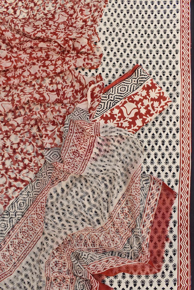 Hand Block Printed Bagru Cotton unstitched suit fabric with Chiffon dupatta