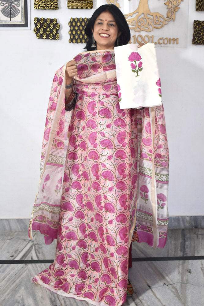 Beautiful Hand Block Printed Maheshwari Silk Cotton Unstitched suit fabric - 3 pc set
