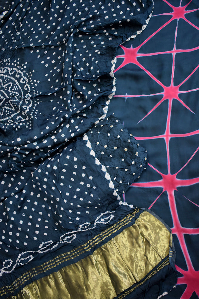 Clamp Dyed Modal Silk kurta with Bandhani bottom and Lagdi Patta Dupatta