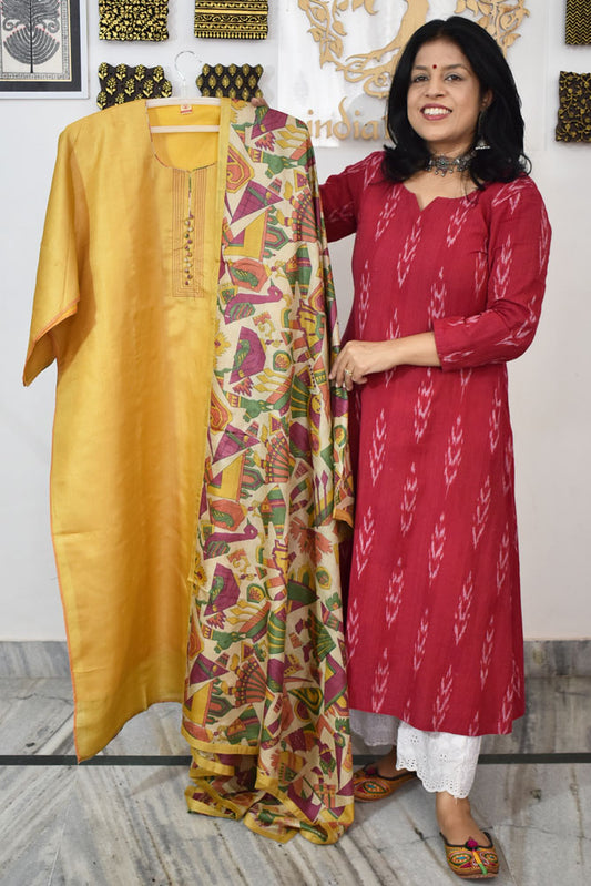 Semi Stitched Block Printed Tussar Silk Dupatta  & Tussar Kurta Fabric