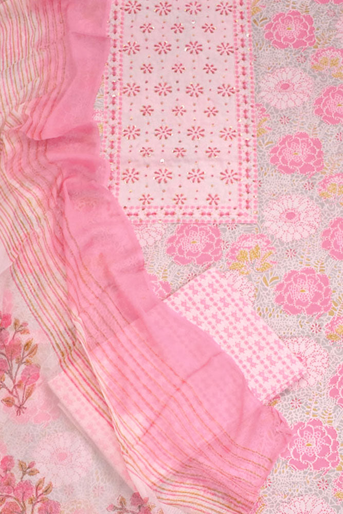 Beautiful Cotton Unstitched Suit with Neck patch, Intricate Hand Embroidery & Block print chiffon dupatta