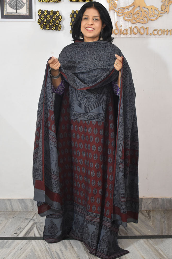 Bagh Hand Block Printed unstitched 3 pc Cotton suit fabric with Placement block print from MP