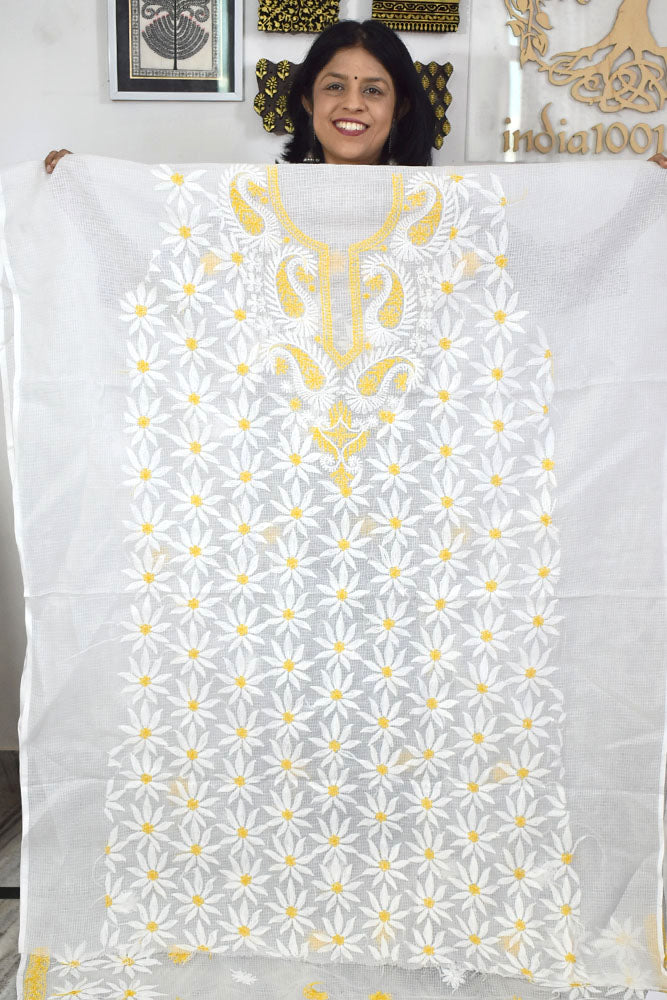 Designer Hand Embroidered Chikankari Tepchi work Kota Doria fabric No. 3