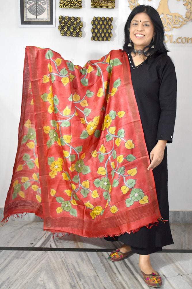 Elegant Hand Painted Pure Tussar Silk Dupatta