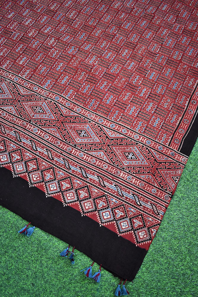 Ajrakh Hand Block Printed Khadi Cotton Dupatta with Tassels & natural dyes
