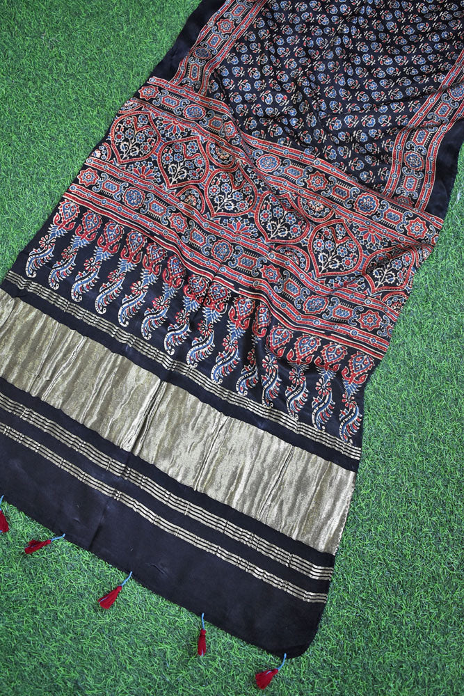 Beautiful Ajrakh Modal Silk Hand block Printed Stole with lagdi patta