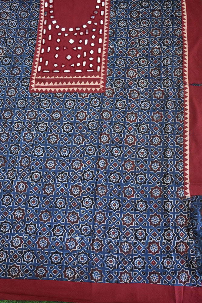 Designer Ajrakh Cotton Short Kurta Fabric with Kutch Mirror Work patch