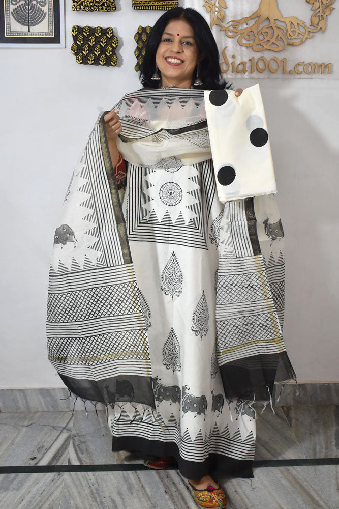 Hand Block Placement Print Cotton suit with Chanderi dupatta and panel design