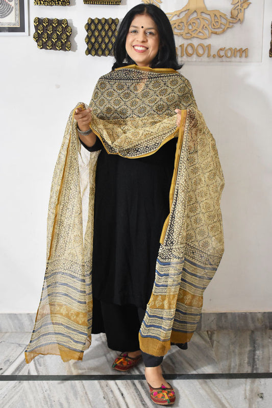 Hand Block Printed Kota Doria Cotton Dupatta with zari border