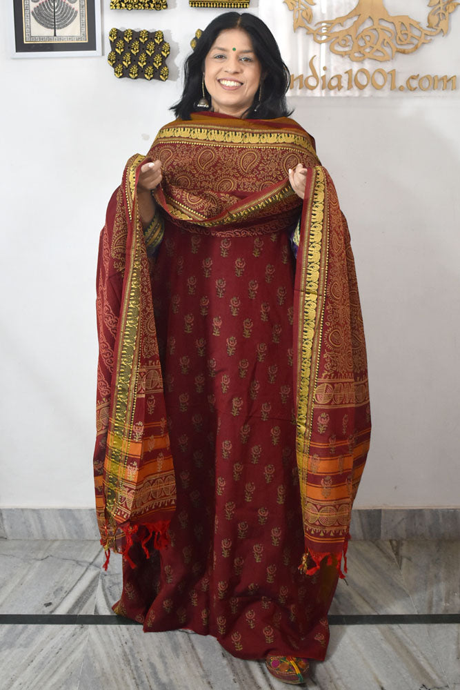 Beautiful Handwoven Chettinad & Narayanpet Cotton suit with Hand block print Dupatta