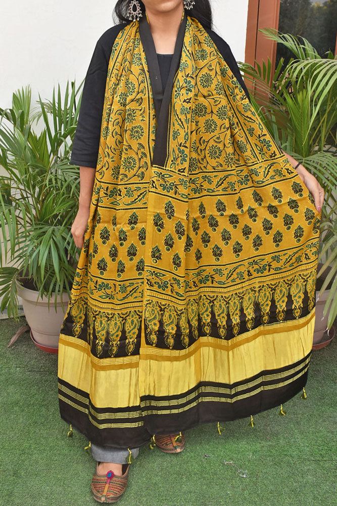 Beautiful Ajrakh Modal Silk Hand block Printed Stole with lagdi patta