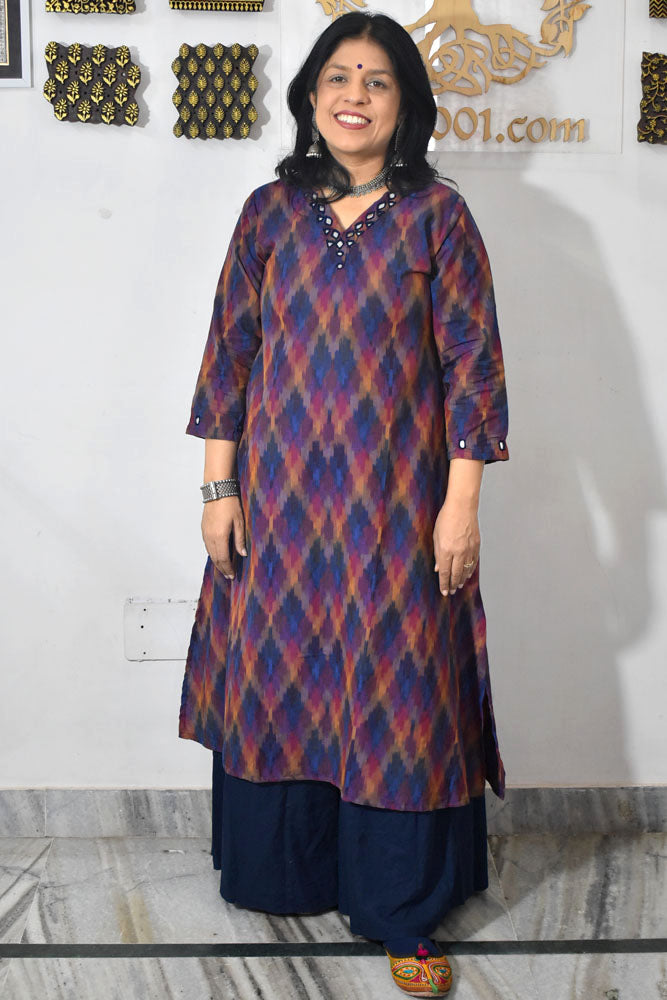 Designer Handwoven Ikkat pure cotton Kurta With Kutch Mirror Work - Size 36 to 46 ( all sizes)