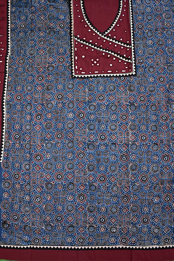 Designer Ajrakh Cotton Kurta Fabric with Kutch Mirror Work patch