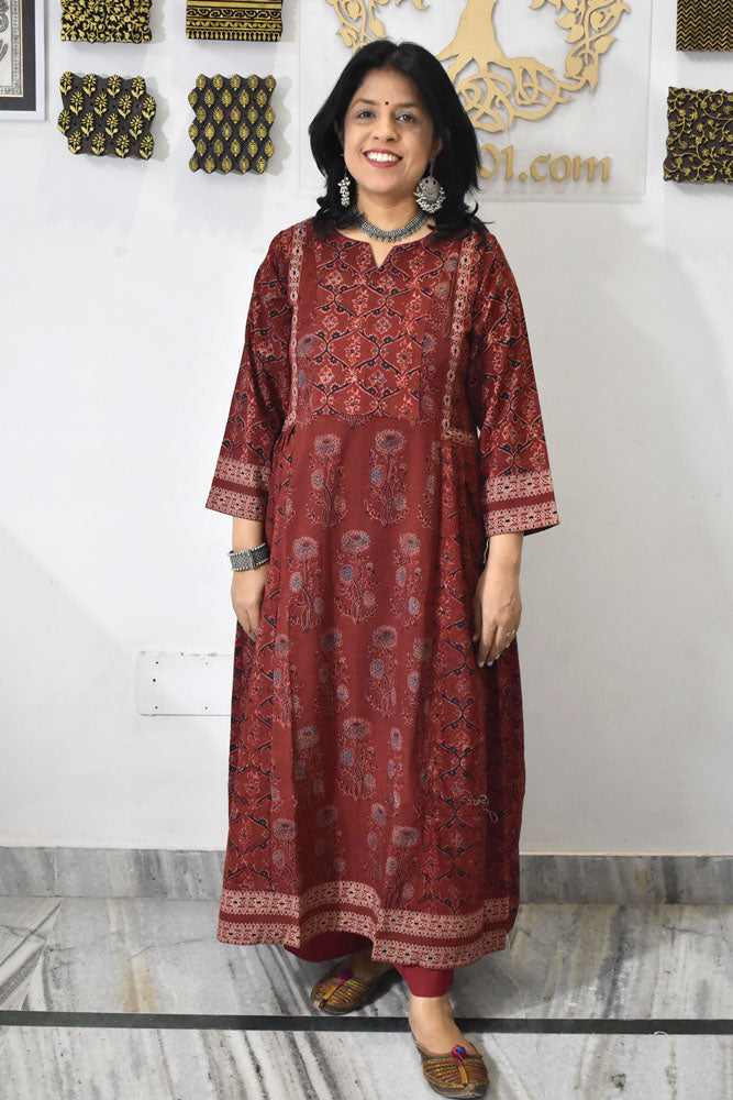 Designer Hand Block Printed Ajrakh cotton Kurta / Dress - Size 38 to 44 ( all sizes)