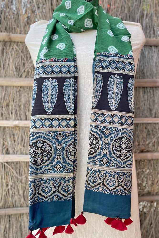 Beautiful Ajrakh Bandhani Mul Cotton Stole