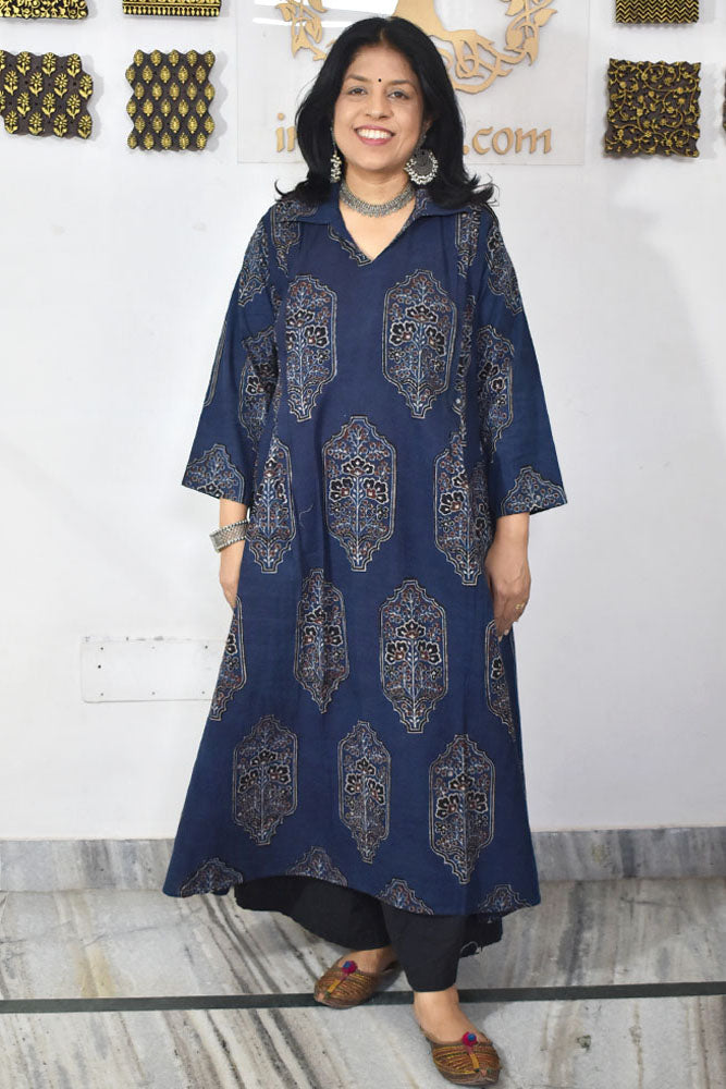 Designer Hand Block Printed Ajrakh cotton Kurta / Dress - Size 38 to 46 ( all sizes)
