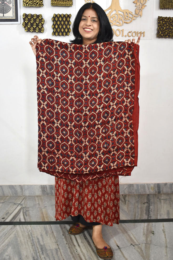 Beautiful Modal Silk Ajrakh Hand Block Print Fabric - 3 mtrs cut