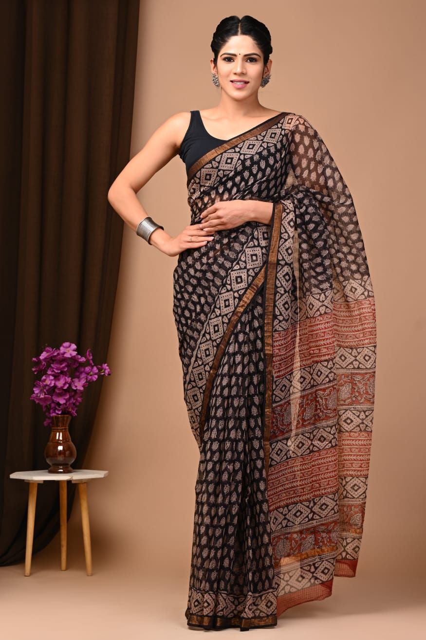 Beautiful Hand Block Printed Kota cotton Saree with zari border