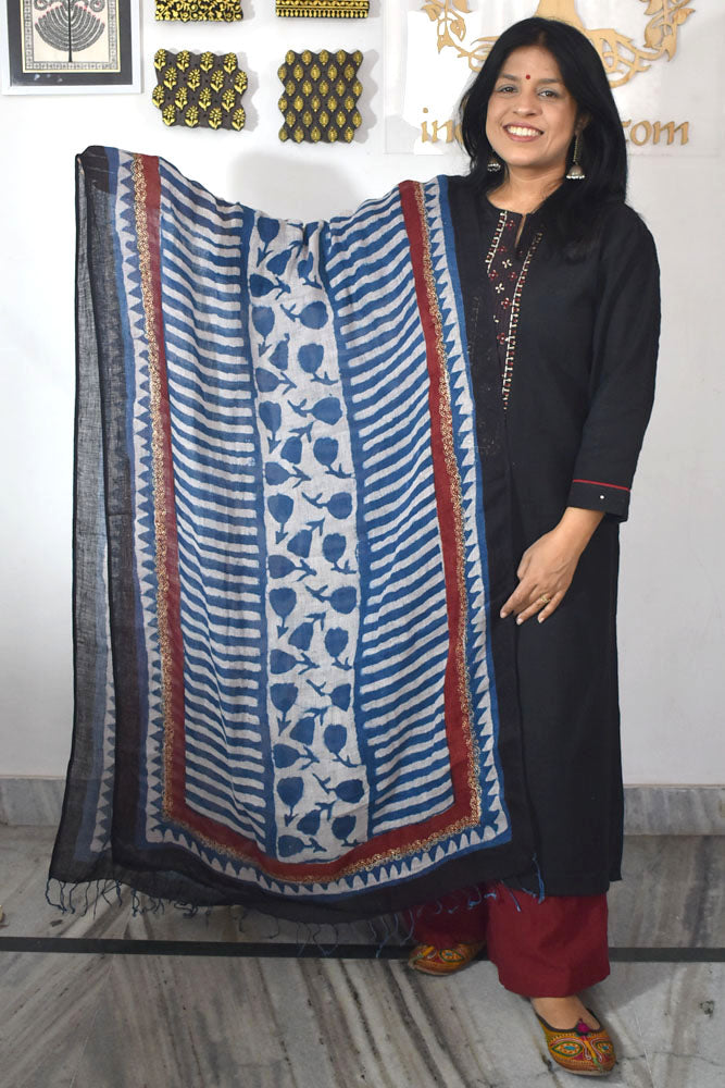 Elegant Hand Block Printed Pure Linen dupatta