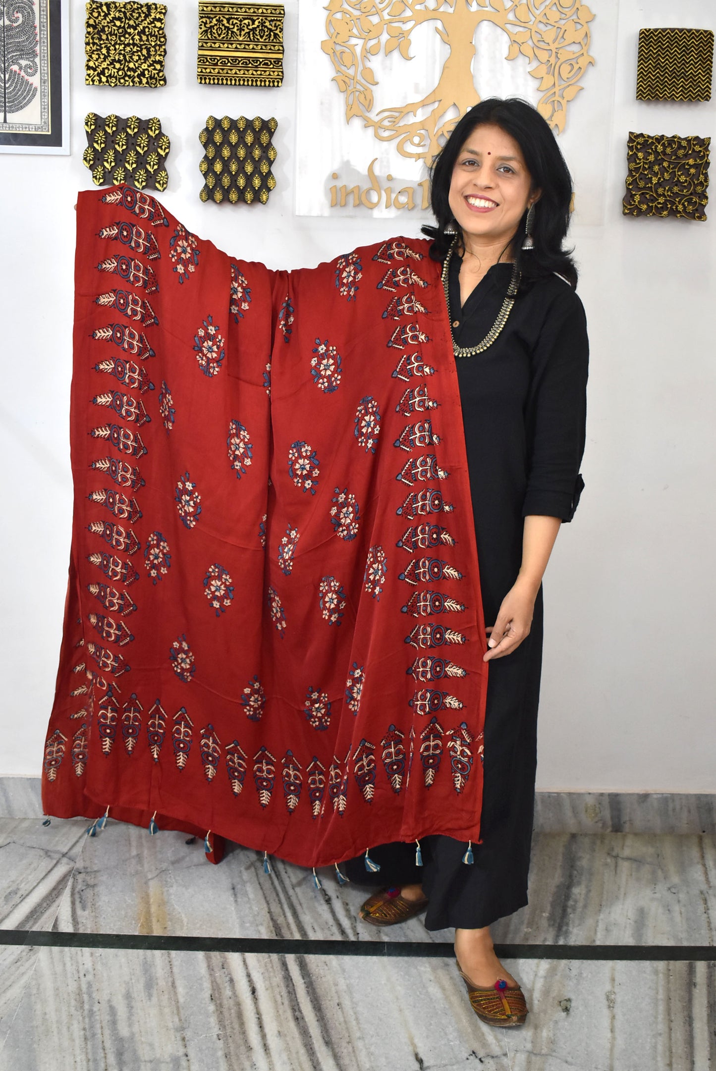 Designer Modal Silk Ajrakh Block Print Dupatta with tassels