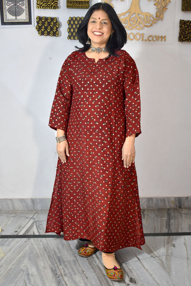 Beautiful Ajrakh Dola Silk Hand Block Print kurta , Size 40 to 46