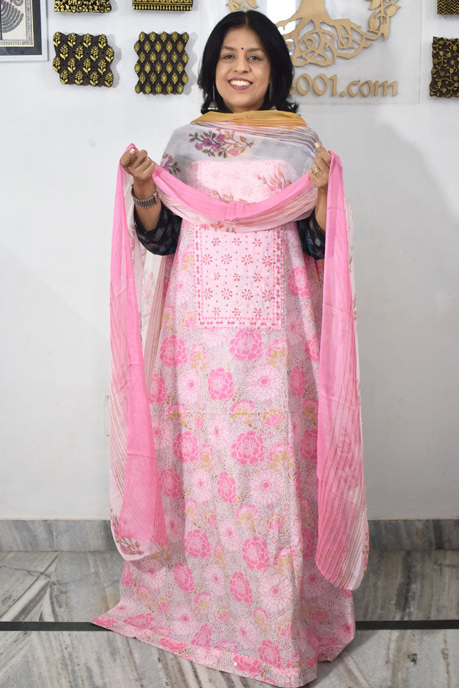 Beautiful Cotton Unstitched Suit with Neck patch, Intricate Hand Embroidery & Block print chiffon dupatta