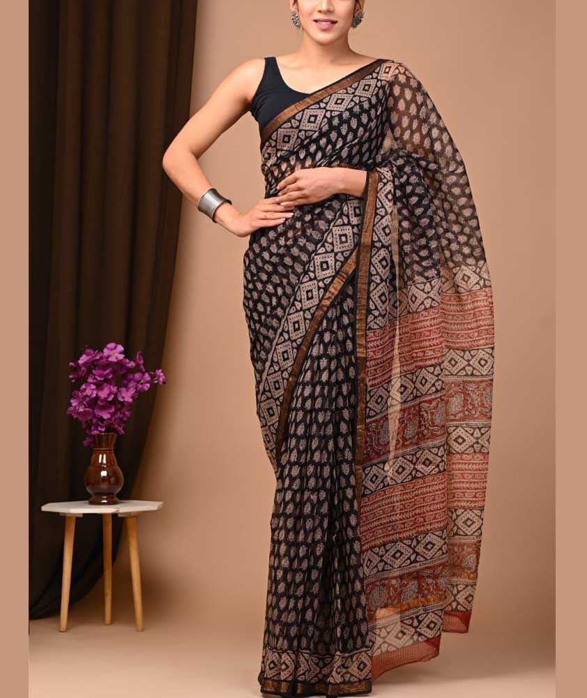 Beautiful Hand Block Printed Kota cotton Saree with zari border