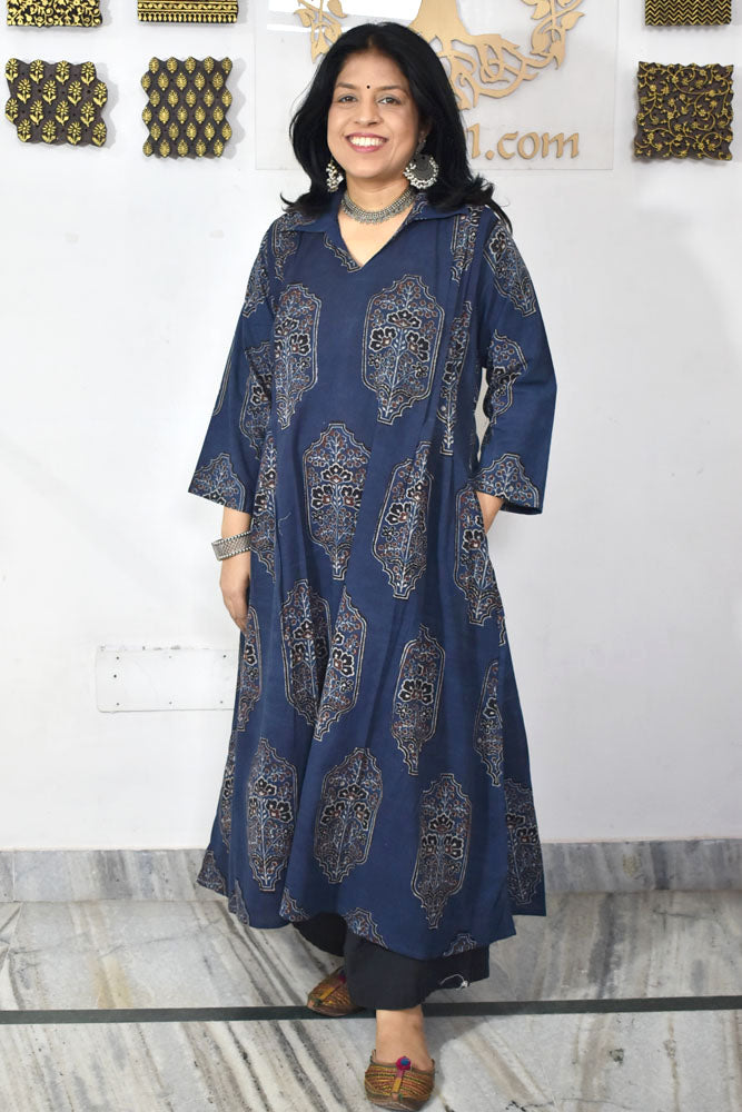 Designer Hand Block Printed Ajrakh cotton Kurta / Dress - Size 38 to 46 ( all sizes)