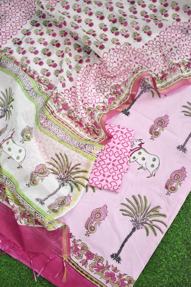Designer Hand Block Print Cotton suit with Chanderi dupatta