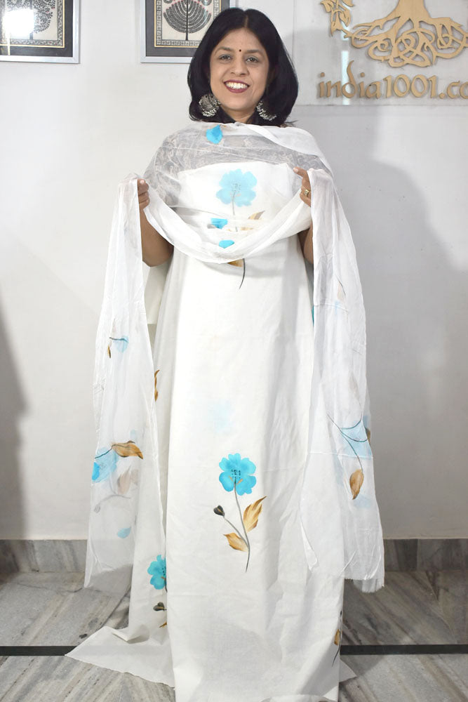 Hand Painted Cotton unstitched suit fabric with Chiffon dupatta