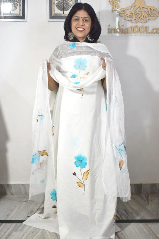 Hand Painted Cotton unstitched suit fabric with Chiffon dupatta