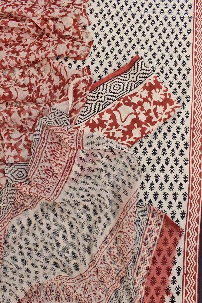 Hand Block Printed Bagru Cotton unstitched suit fabric with Chiffon dupatta